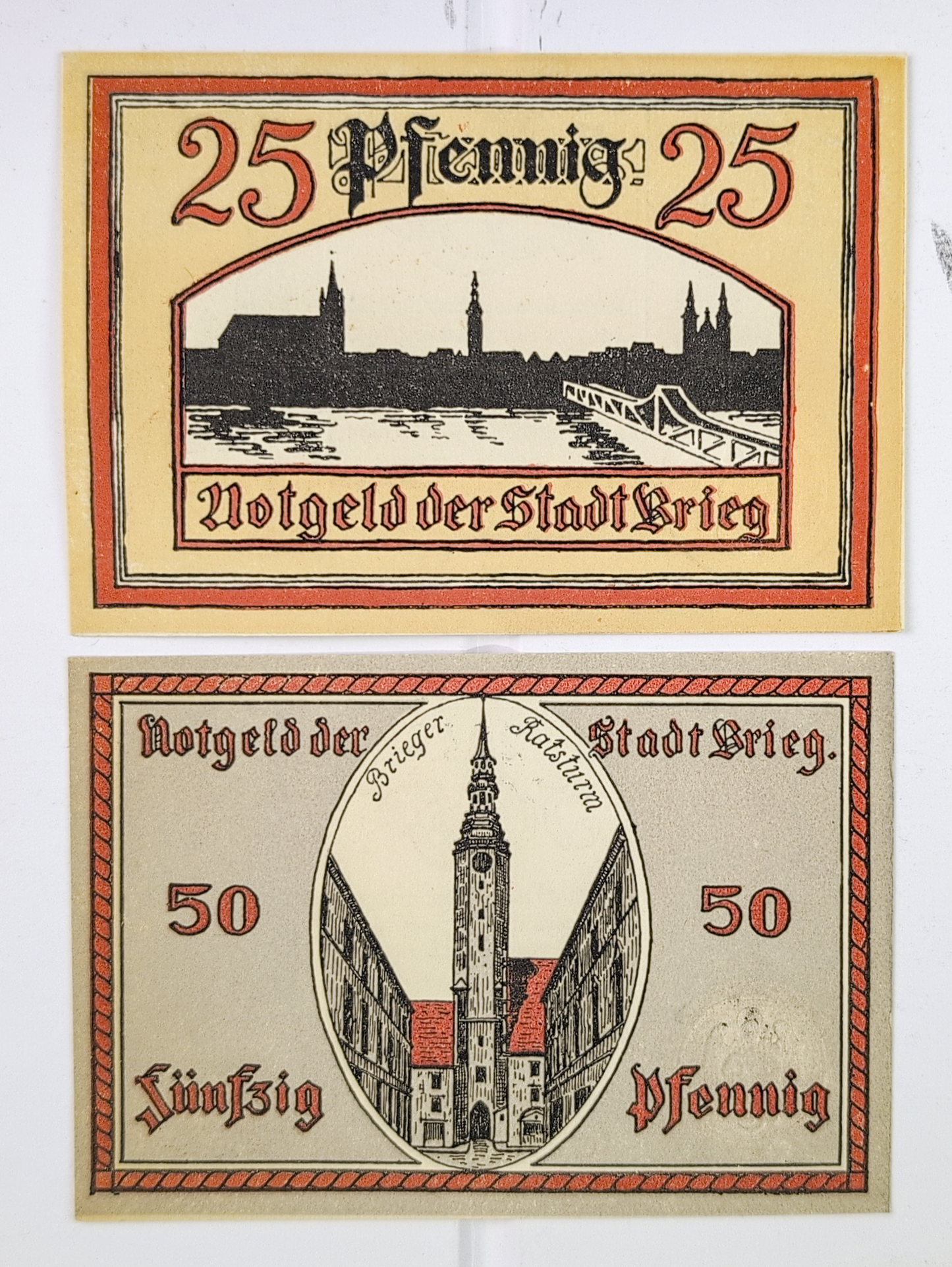 Complete Set of 2 1921 Brieg / Brzeg German Poland 25 & 50 Pfennig Notgeld - 1921 German-Occupied Poland Emergency Pfennig Notgeld Pair