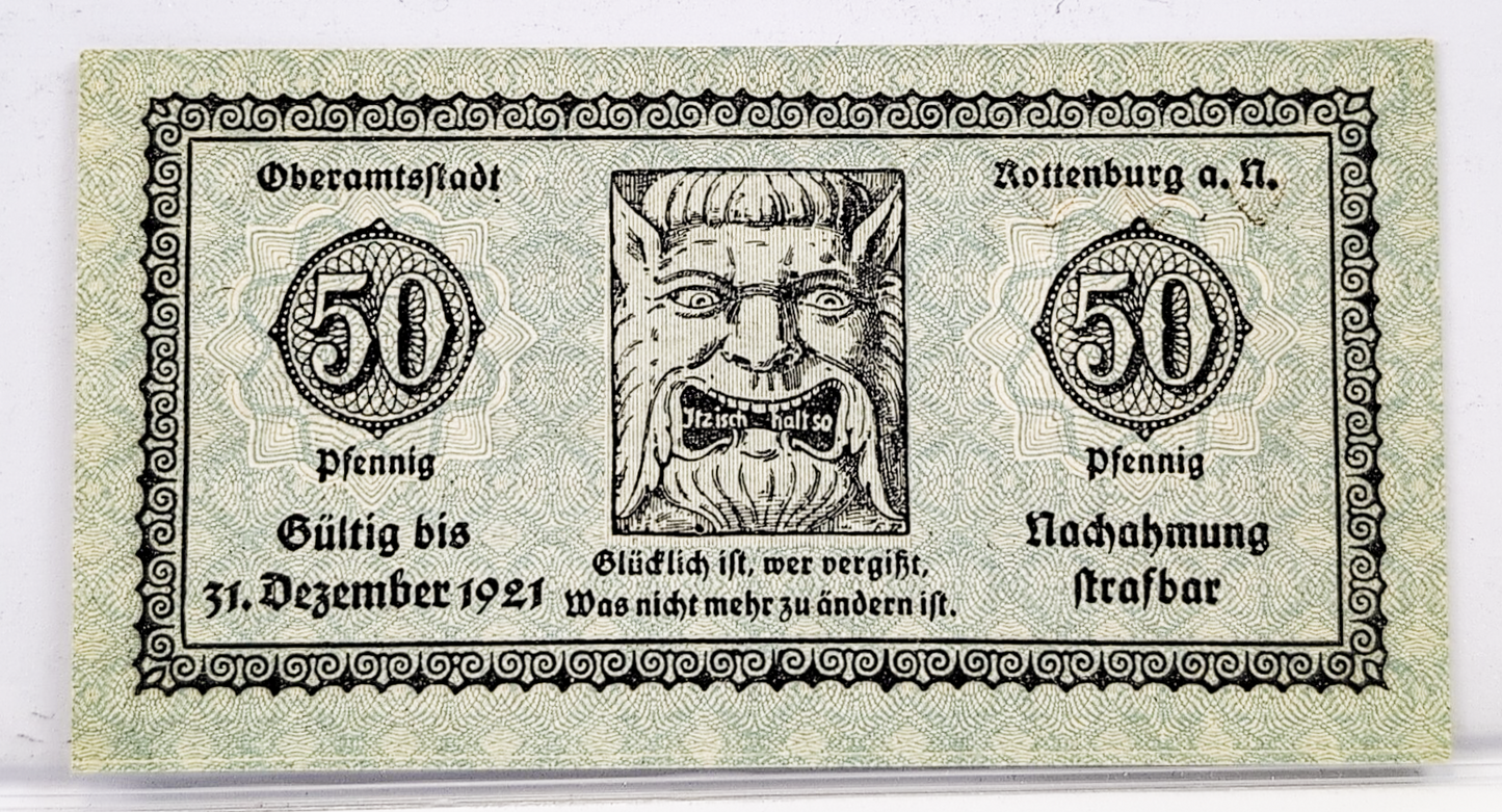 1918 Rottenburg Germany 50 Pfennig Notgeld - WWI German Emergency Currency - 1918 German Municipality Fifty Pfennig Note