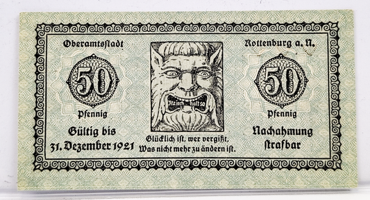 1918 Rottenburg Germany 50 Pfennig Notgeld - WWI German Emergency Currency - 1918 German Municipality Fifty Pfennig Note