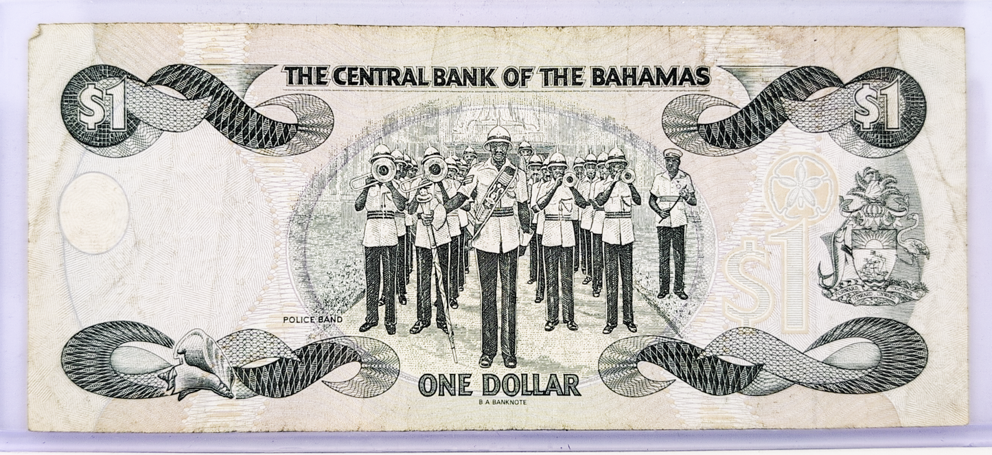 1996 Bahamas Central Bank 1 Dollar Note - Very Fine (VF) - Queen Elizabeth II Note - 1996 British Bahamas One Dollar Note - P#57a