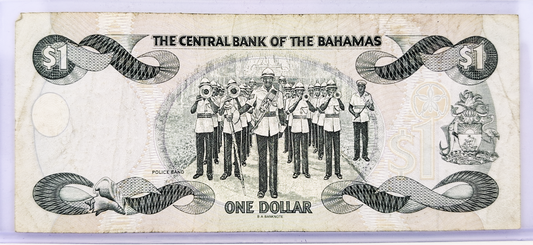 1996 Bahamas Central Bank 1 Dollar Note - Very Fine (VF) - Queen Elizabeth II Note - 1996 British Bahamas One Dollar Note - P#57a