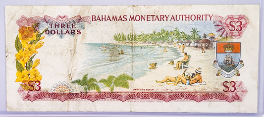 1968 Bahamas Monetary Authority 3 Dollar Note - Two Signatures Type - Queen Elizabeth II - 1968 British Bahamas Three Dollars Note - P#28a