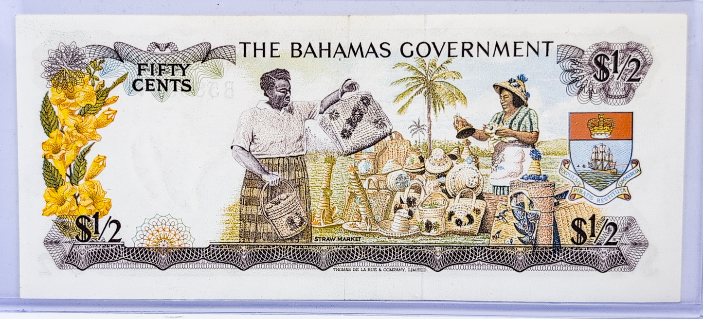 1965 Bahamas Government 50 Cents Note - Two Signatures Type - Queen Elizabeth II - 1965 British Bahamas Half Dollar Fifty Cents Note - P#17a
