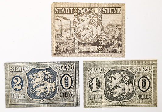 1921 Steyr Austria 10, 20, 50 Heller Notgeld Complete Set - WWI Austrian Notgeld - 1921 Austria Emergency Note Full Denomination Set