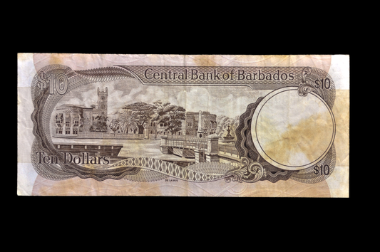 1986 Central Bank of Barbados 10 Dollar Banknote - K. King Signature - Extremely Fine (XF) - 1986 (ND) Barbados Ten Dollars Note - P#35a