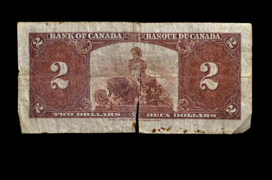 1937 Bank of Canada 2 Dollar Banknote - Gordon / Towers Signed, M/B Prefix - Fine (F), Torn in Half - 1937 Canadian Two Dollar Note - P#59b