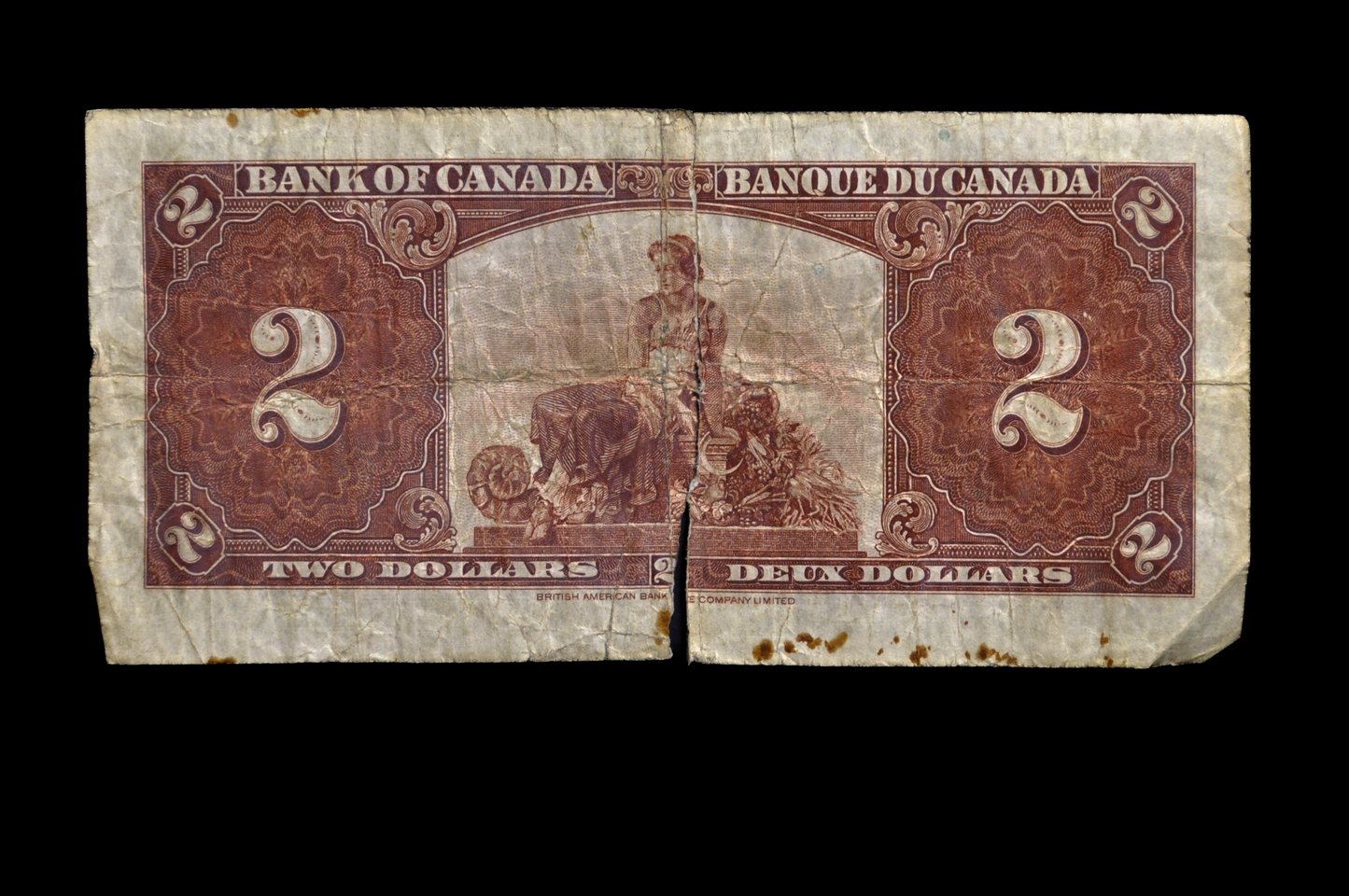 1937 Bank of Canada 2 Dollar Banknote - Gordon / Towers Signed, M/B Prefix - Fine (F), Torn in Half - 1937 Canadian Two Dollar Note - P#59b