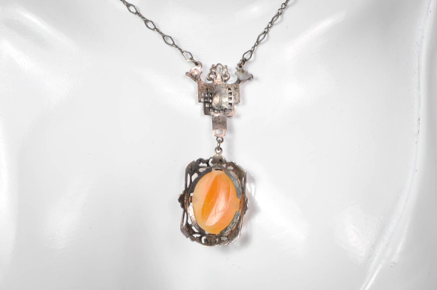Antique Art Deco Style Sterling Silver Filigree Genuine Cameo Necklace - Detailed Filigree - Vintage Silver 925 Cameo Pendant Necklace