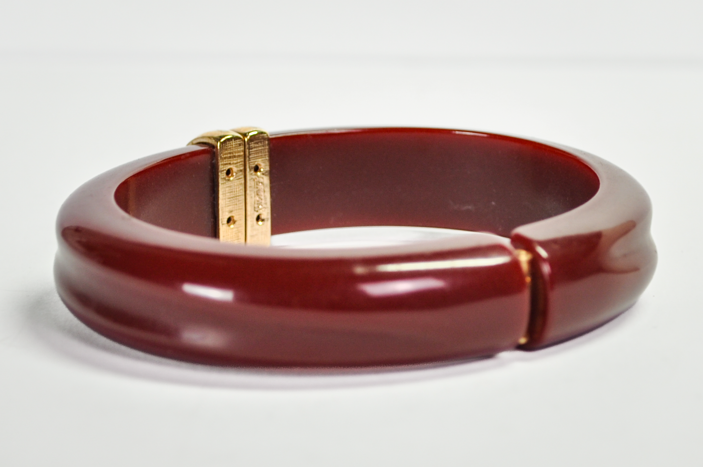 Vintage Avon Gold Tone Burgundy Lucite Hinged Clamper Bangle - Unique Avon Signed Dark Red Lucite Hinged Bracelet