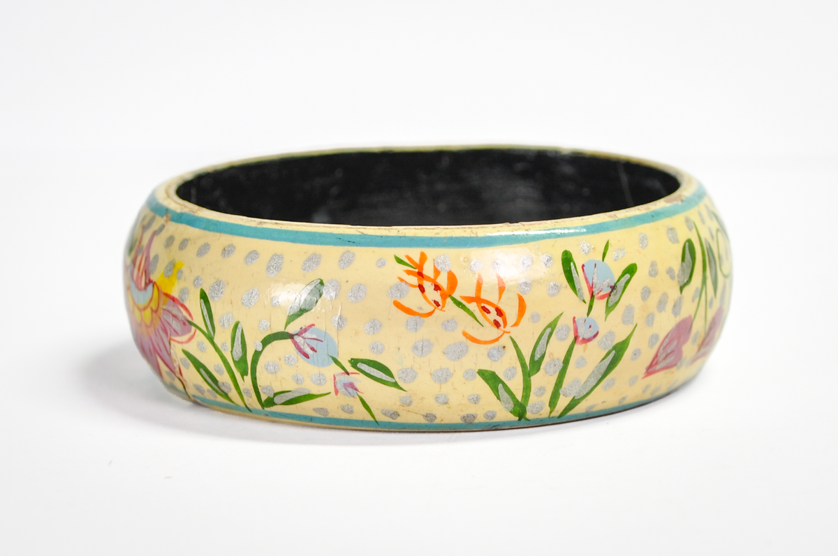Vintage Folk-Art Style Floral Painted Lacquer Wood Cuff Bracelet - 1970s Boho Hippie Floral Hand Painted Wood Bangle