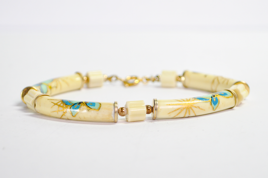 Vintage Hand-Painted Japanese Butterflies Ceramic Tube Bracelet - Genuine Japan Style Blue and Gold Painted Butterfly Tube Charm Bracelet