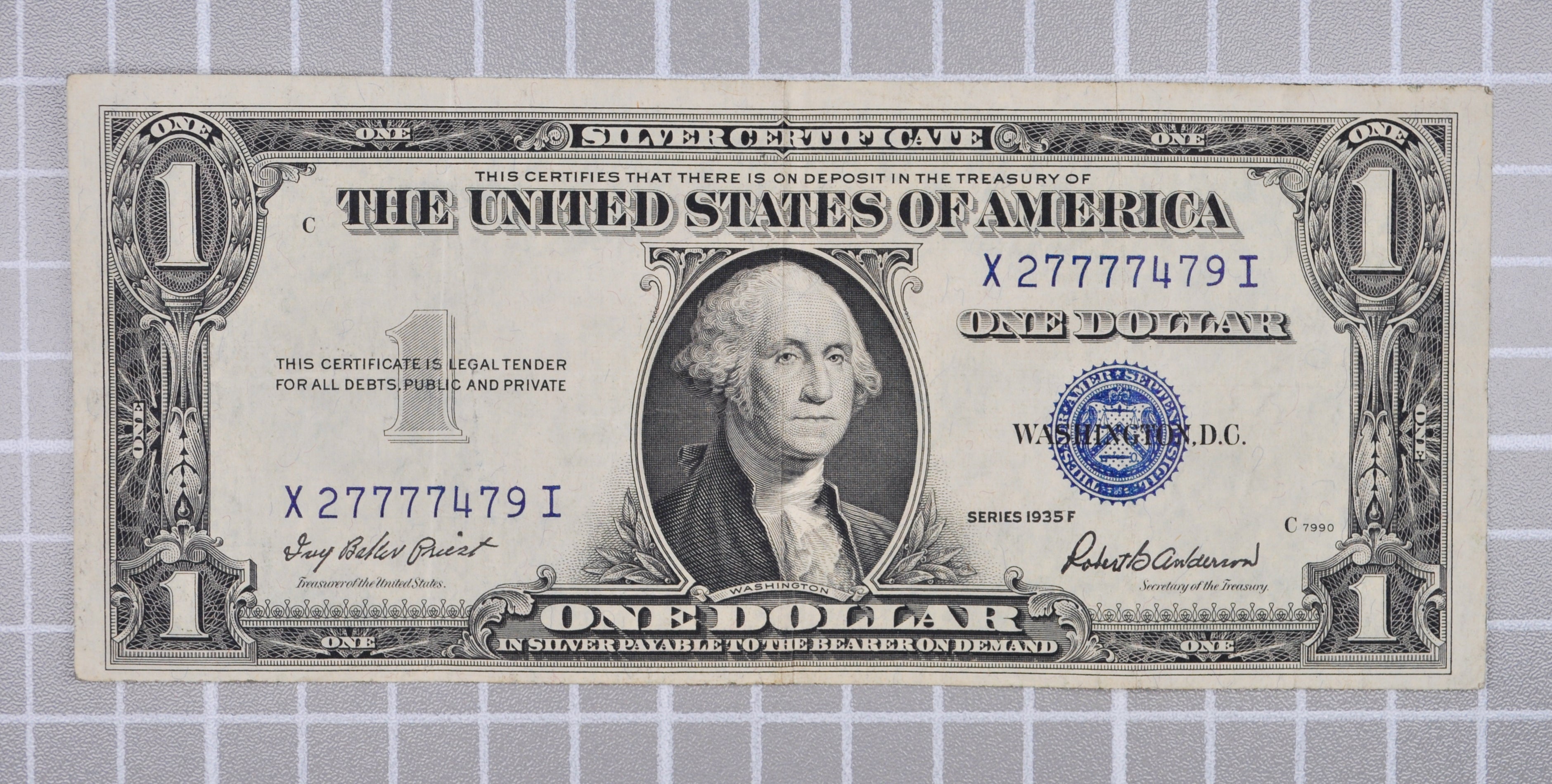 1935 F Fancy Lucky 777 Serial Number 1 Dollar Silver Cert