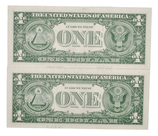 1957 B Silver Certificate 1 Dollar Notes Pair - Consecutive Serial Numbers - 1957B One Dollar Set of 2 Sequential Banknotes - Fr#1621