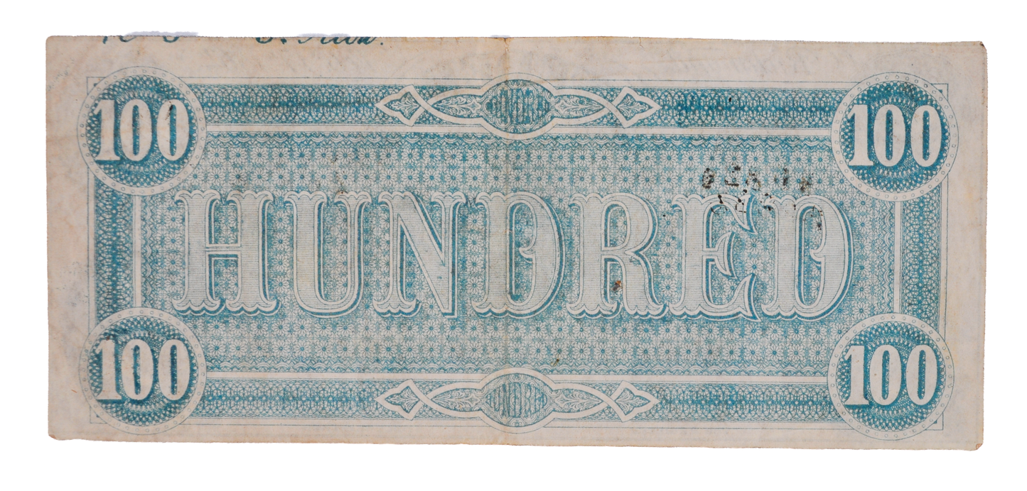 1864 Confederate States of America 100 Dollar Note - XF Pinhole Grade - 1864 One Hundred Dollar Confederacy Banknote - CS-65/T-65