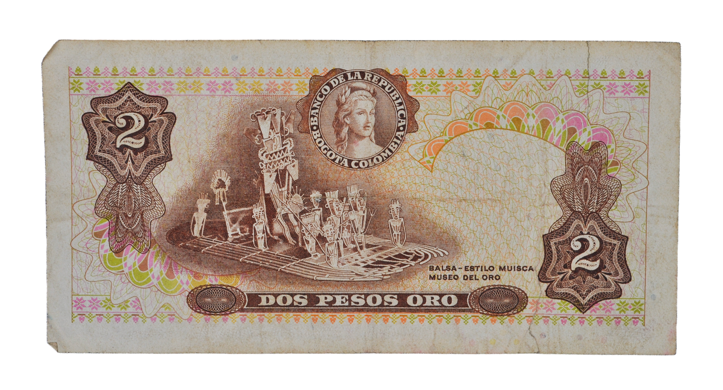 1973 Colombia 2 Peso Oro Note - Large Serial Numbers - 1973 Colombian Banco de la Republica Two Pesos Oro Banknote - P#413a