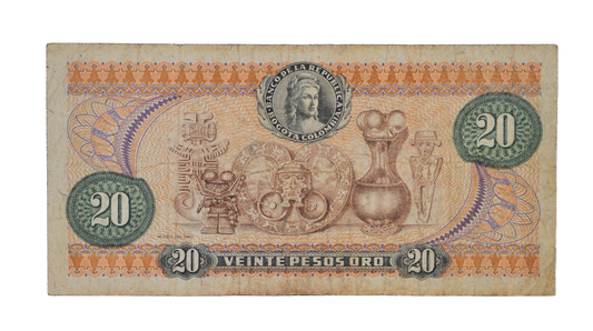 1972 Colombia 20 Peso Oro Note - Dot Date Error (1.972) - 1972 Colombian Banco de la Republica Twenty Pesos Oro Banknote - P#409a