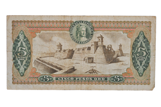 1973 Colombia 5 Peso Oro Note - Dot Date Error (1.973) - 1973 Colombian Banco de la Republica Five Pesos Oro Banknote - P#406e