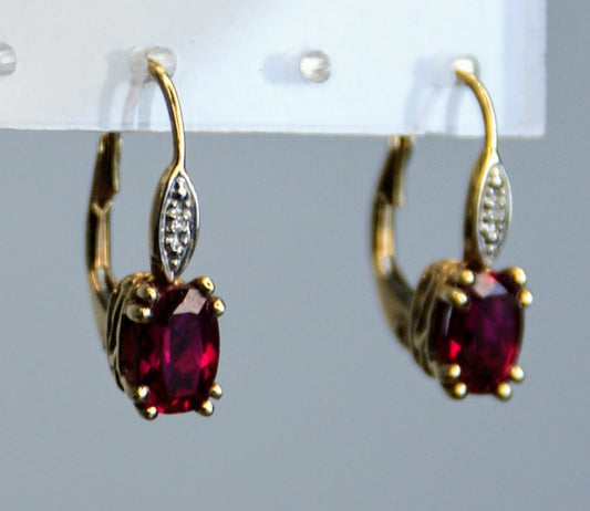 14K Gold Oval Cut Ruby and Small Diamond Accent Lever Back Drop Earrings - Bright Red Rubies - 14K Yellow Gold Ruby Earrings