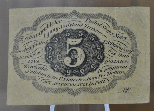 1st Issue Fractional Currency 5 Cents (Fr#1230) - XF (Extremely Fine) Grade / Condition - 1862 First Issue Fractional Note Number 1230, Authentic