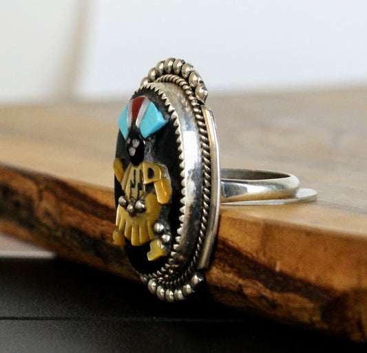 Beverly Etsate Zuni Apache Crown Dancer Kachina Ring - Size 7.5 - Multi-stone Inlay - Vintage Sterling Silver Zuni Gaan Dancer Kachina Ring