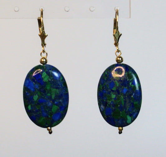 Rare Israeli Eilat Stone 14K Gold Drop Earrings - Malachite and Azurite Eilat Stone - Hebrew Isreal 14K Gold Dangle Eilat Earrings