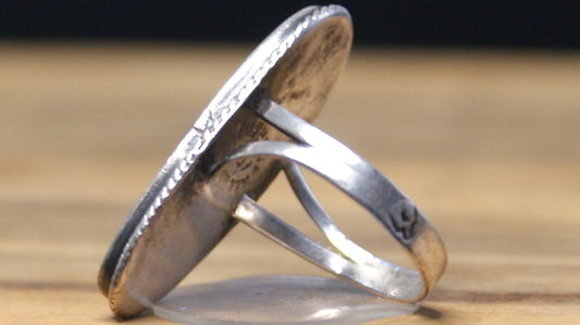 Vintage Mexican Taxco .925 Sterling Silver Abalone Shell Statement Ring Size 6 - Mid-Century Modernist Oval Abalone Shell Inlay Ring, Split Shank, Size 6