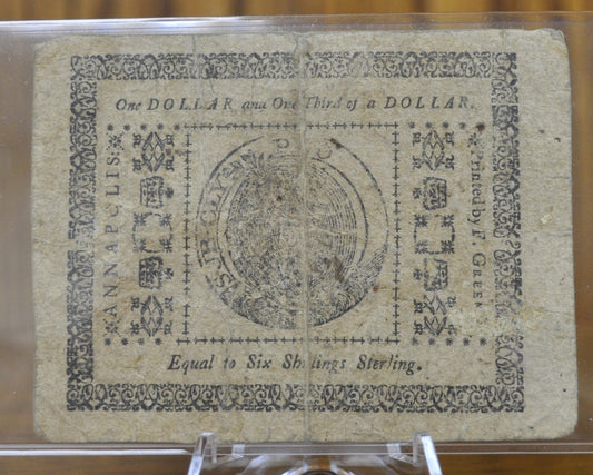 1776 State of Maryland 1 and 1/3 Dollar August 14th 1776 - Continental Currency - August 14th 1776 1 1/3 Dollar Note - MD-97 - MD 8/14/1776, Colonial Note
