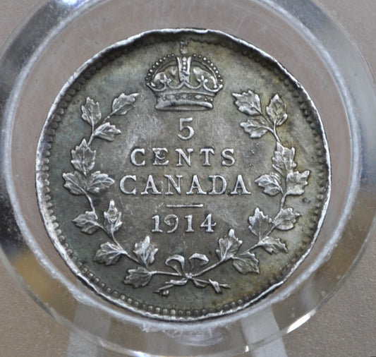 1914 Canadian Silver 5 Cent Coin - XF Detail, Dented Rim - King George - Canada 5 Cent Sterling Silver 1914 Canada