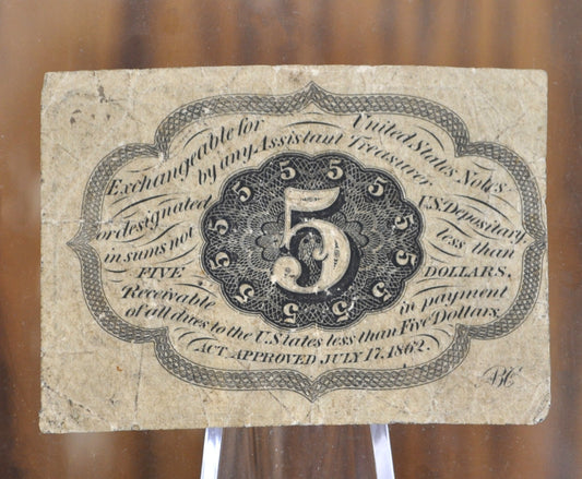 1st Issue Fractional Currency 5 Cents (Fr#1230) - F (Fine) Grade / Condition - 1862 First Issue Fractional Note Number 1230, Authentic