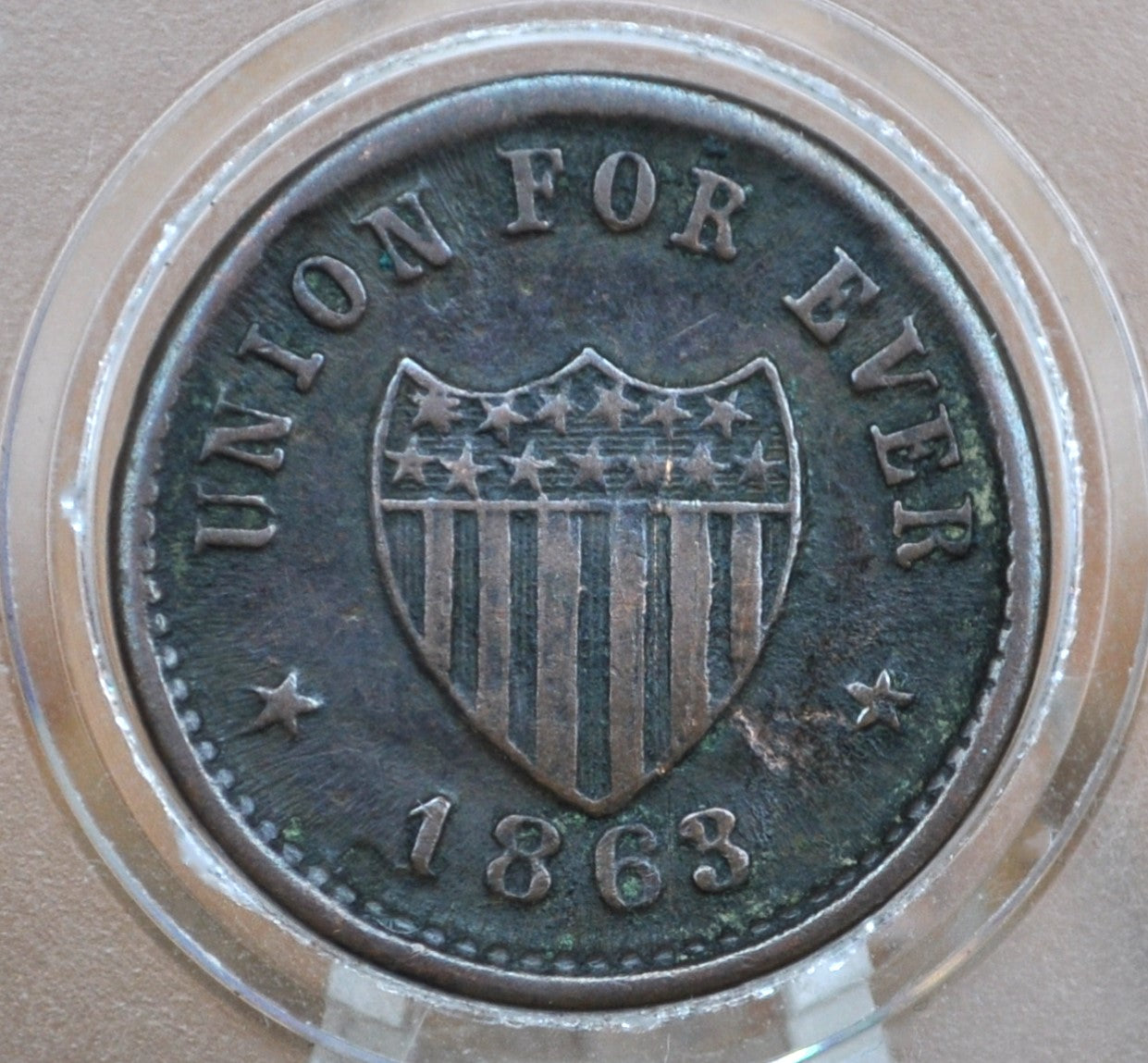 1863 Civil War Token - Our Navy - Circulated - Cool Civil War Token - Unique Design, Monitor Warship