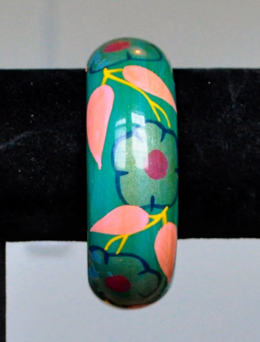 1970s Bright Floral Painted Lacquer Wood Cuff Bracelet - 2.5" Width - Genuine Vintage Hand Painted Flower Lacquer Wood Bangle