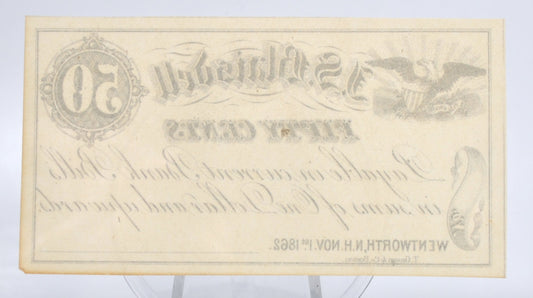 1862 Wentworth NH J. S. Blaisdell 50 Cents Merchant Scrip - Uncirculated Remainder - New Hampshire Fifty Cent Remainder Merchant Note
