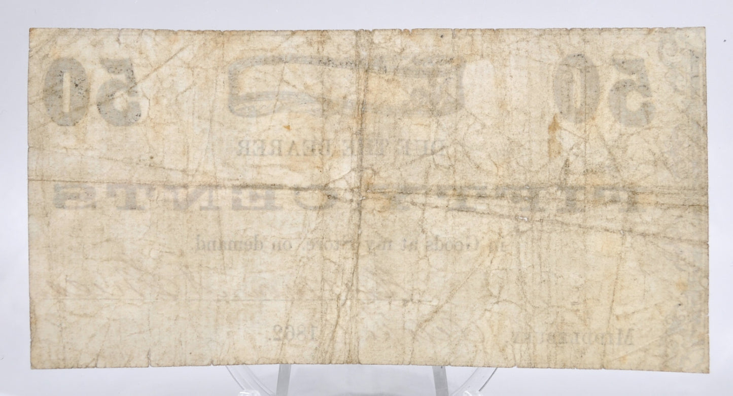 1862 Harmon A. Sheldon 50 Cents Merchant Scrip Note - Middlebury Vermont Obsolete - 1862 Vermont Merchant Fifty Cent Scrip Note