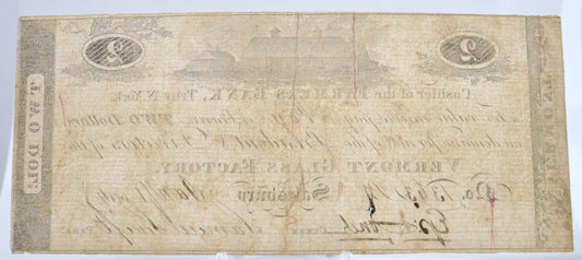 1814 Vermont Glass Factory 2 Dollar Merchant Scrip Note - Rare Early Vermont Scrip - Salisbury, VT - 1814 Two Dollar Vermont Merchant Scrip