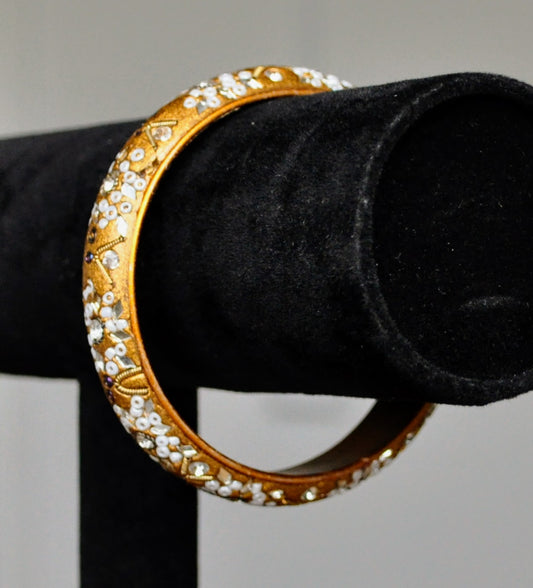 Beautiful Gold Tone Bead and Mirror Mosaic Cuff Bracelet - 2.5" Width - Vintage India Bollywood Inspired Gold Mirrored Bangle