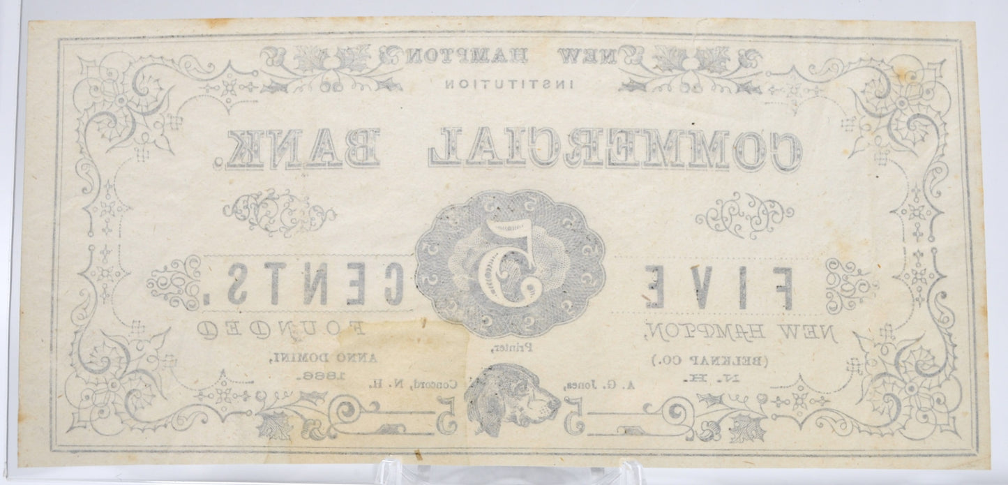 1866 New Hampton Institution Commercial Bank 5 Cents Note - New Hampshire College Currency - New Hampton School Five Cents Trade Currency