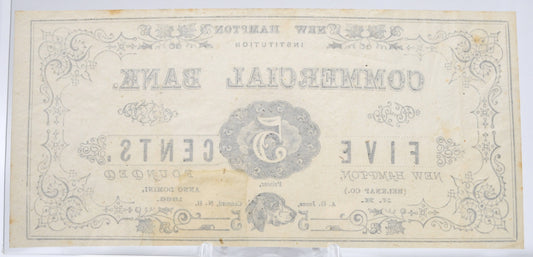 1866 New Hampton Institution Commercial Bank 5 Cents Note - New Hampshire College Currency - New Hampton School Five Cents Trade Currency