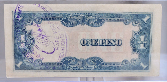 1943 Philippines Japanese Government 1 Peso Note - WW2 Japan Occupation - JAPWANCAP Stamped - 1943 Filipino One Peso Stamped Note - P#109a