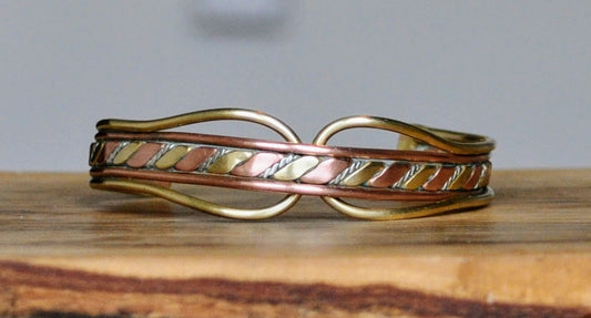 Amazing Tri-Color Brass Copper Silver Hammered Braid Cuff Bracelet - 6.5" Length - Vintage Multi-Metal Twisted Design Open Cuff