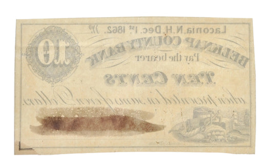 RARE 1862 Laconia NH Belknap County Bank 10 Cents Merchant Scrip - Black Cancellation Mark - New Hampshire Ten Cent Remainder Merchant Note