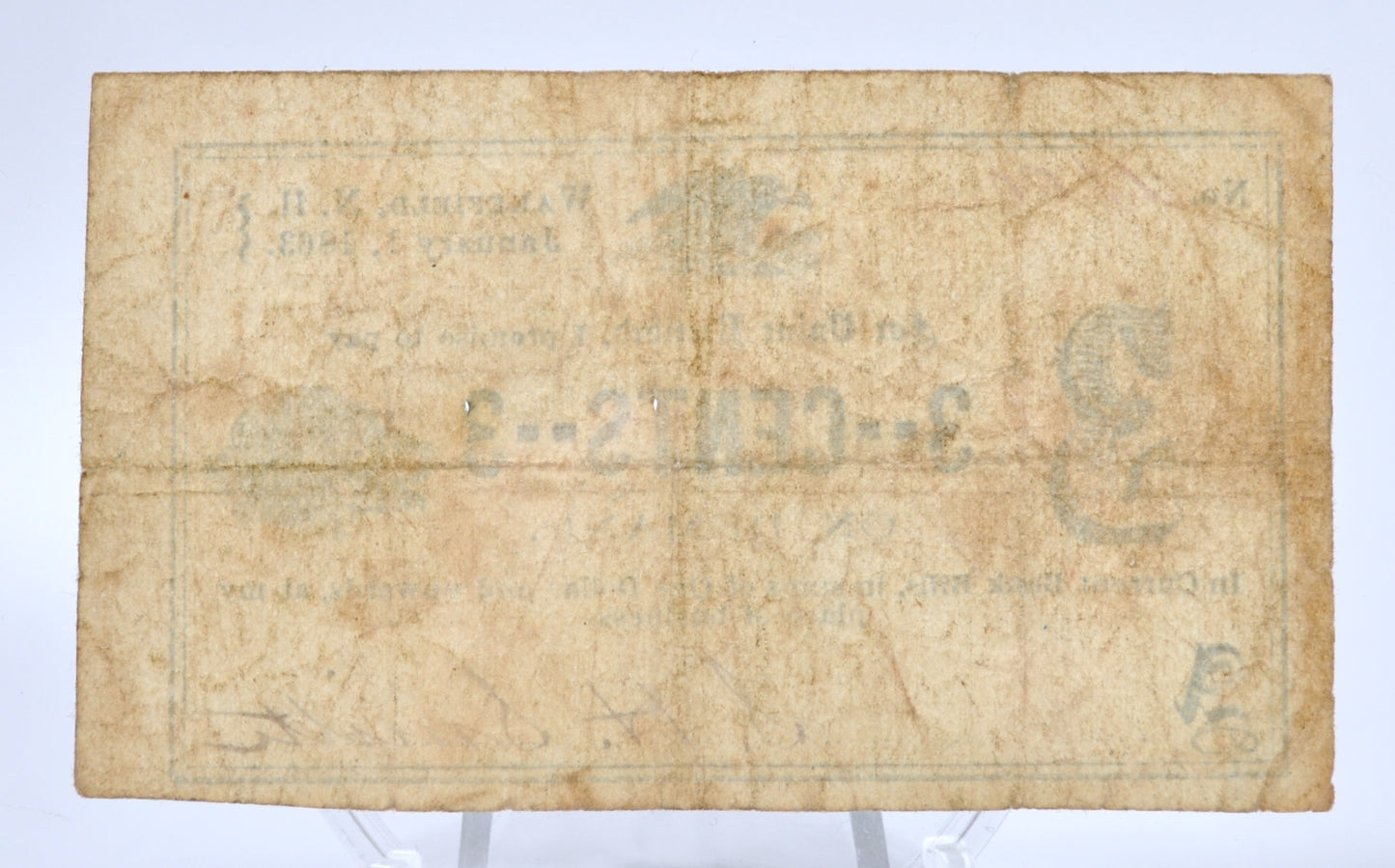 RARE 1863 Wakefield NH S. H. Smith 3 Cents Merchant Scrip - Rare Merchant Signature - New Hampshire Obsolete Three Cent Merchant Note