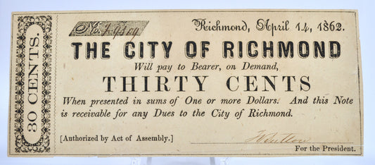 Billete de 30 centavos de la ciudad de Richmond de 1862 - Moneda fraccionaria de la Guerra Civil - Billete obsoleto confederado - Billete fraccionario de treinta centavos de Virginia de 1862