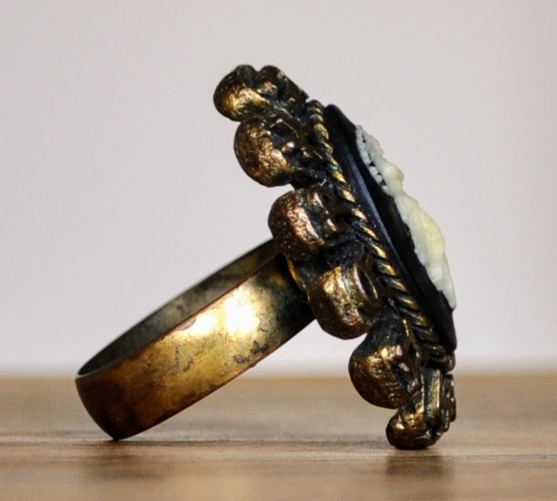 Beautiful Faux Cameo Zodiac Sign Virgo Costume Ring - Size 7.5, Adjustable Band - Vintage Brass Tone Astrology Virgo Cameo Statement Ring