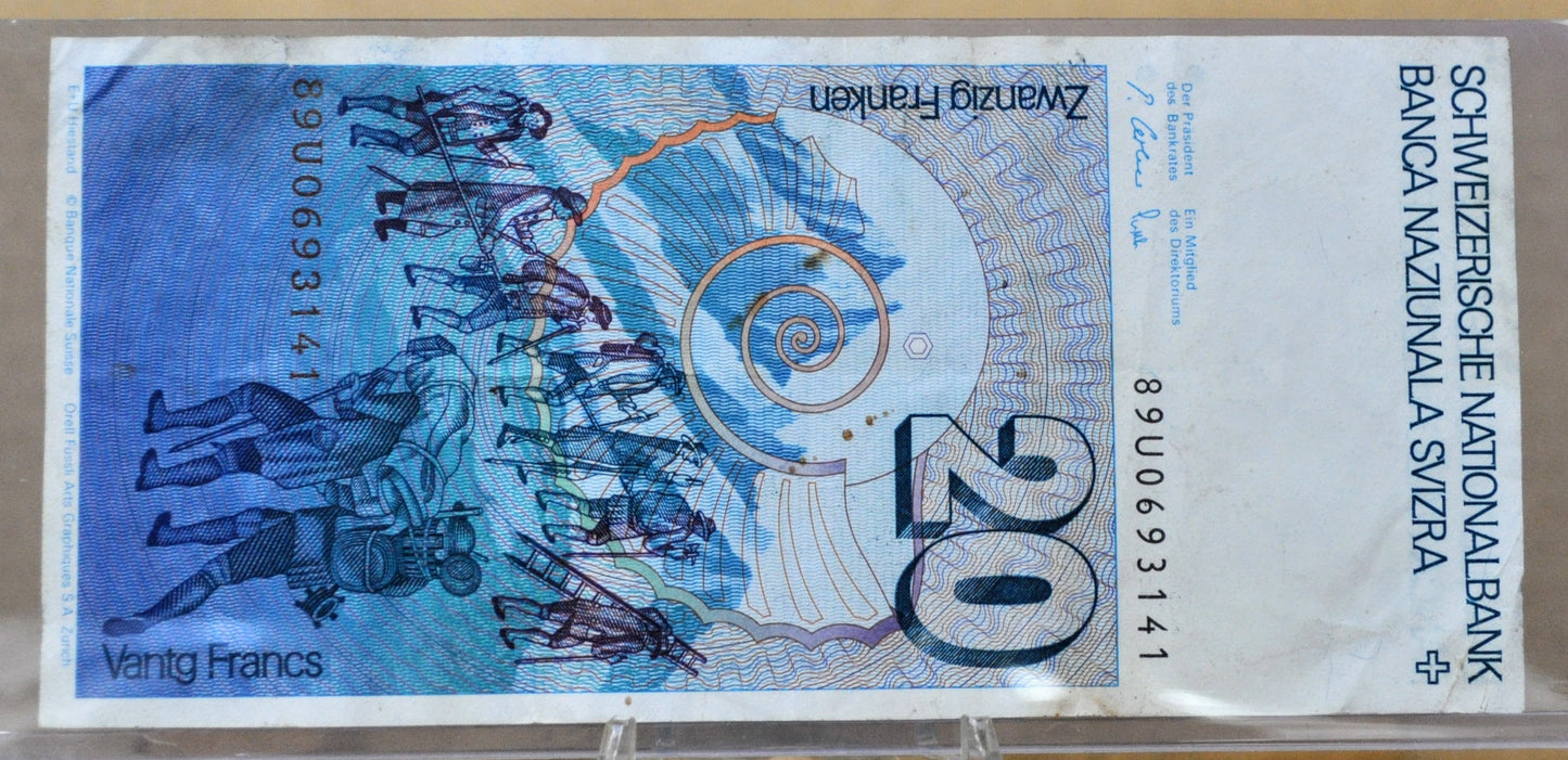 1989 National Bank of Switzerland 20 Francs Note - Gerber/Lusser Signatures - 1989 Switzerland Twenty Franken Banknote - P#55h