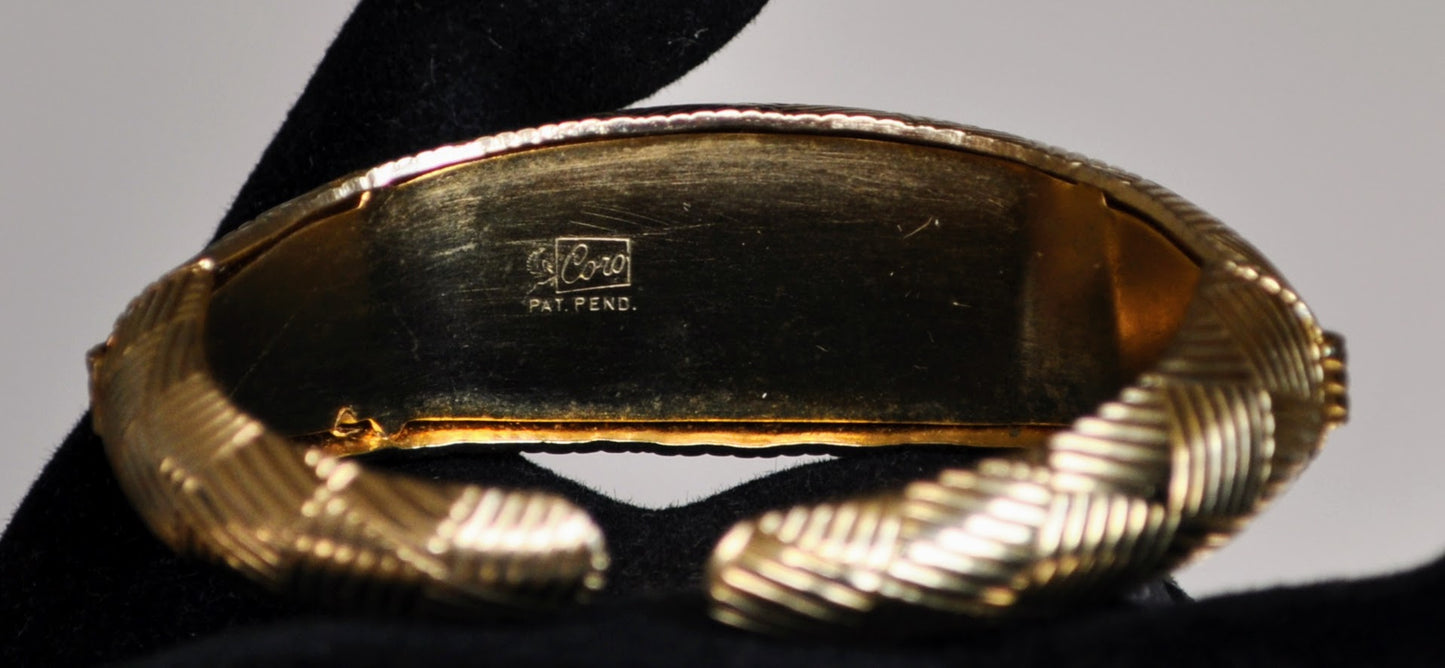 Stunning Coro Gold Tone Basketweave Double Hinged Bracelet - 7.5" Length - Vintage Coro Signed Patent Pending Cross Hatched Gold Bangle Cuff