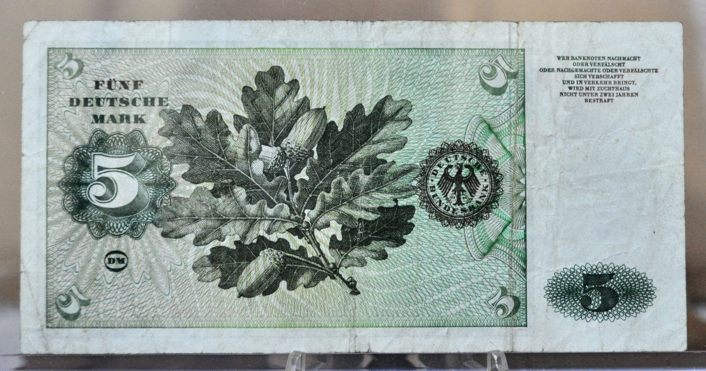 1960 Germany Federal Republic 5 Deutsche Mark Banknote - First Issue - Very Fine (VF) - 1960 German Five Deutsche Mark Note - P#18a