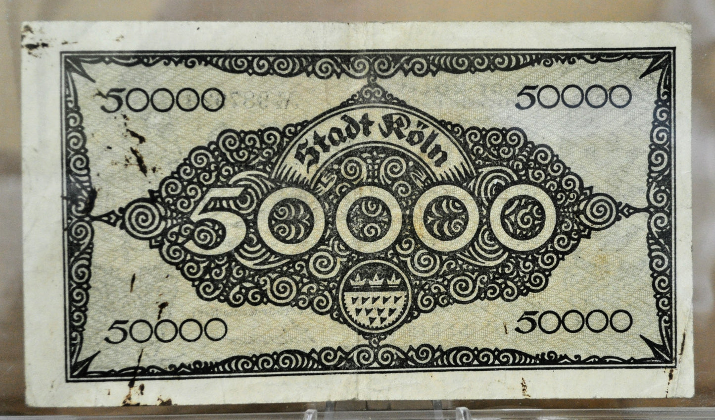 1923 Koln/ Cologne Germany 50,000 Marks Notgeld - Series B - Rarer High Denomination Emergency Inflation Note - 1923 German Fifty Thousand Mark Note