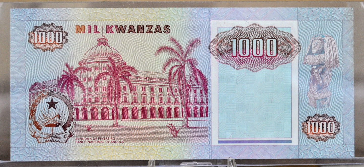 1991 National Bank of Angola 1000 Kwanzas Note - Signature 17, Prefix CD - UNC - 1991 Angola One Thousand Kwanzas Banknote - P#129b