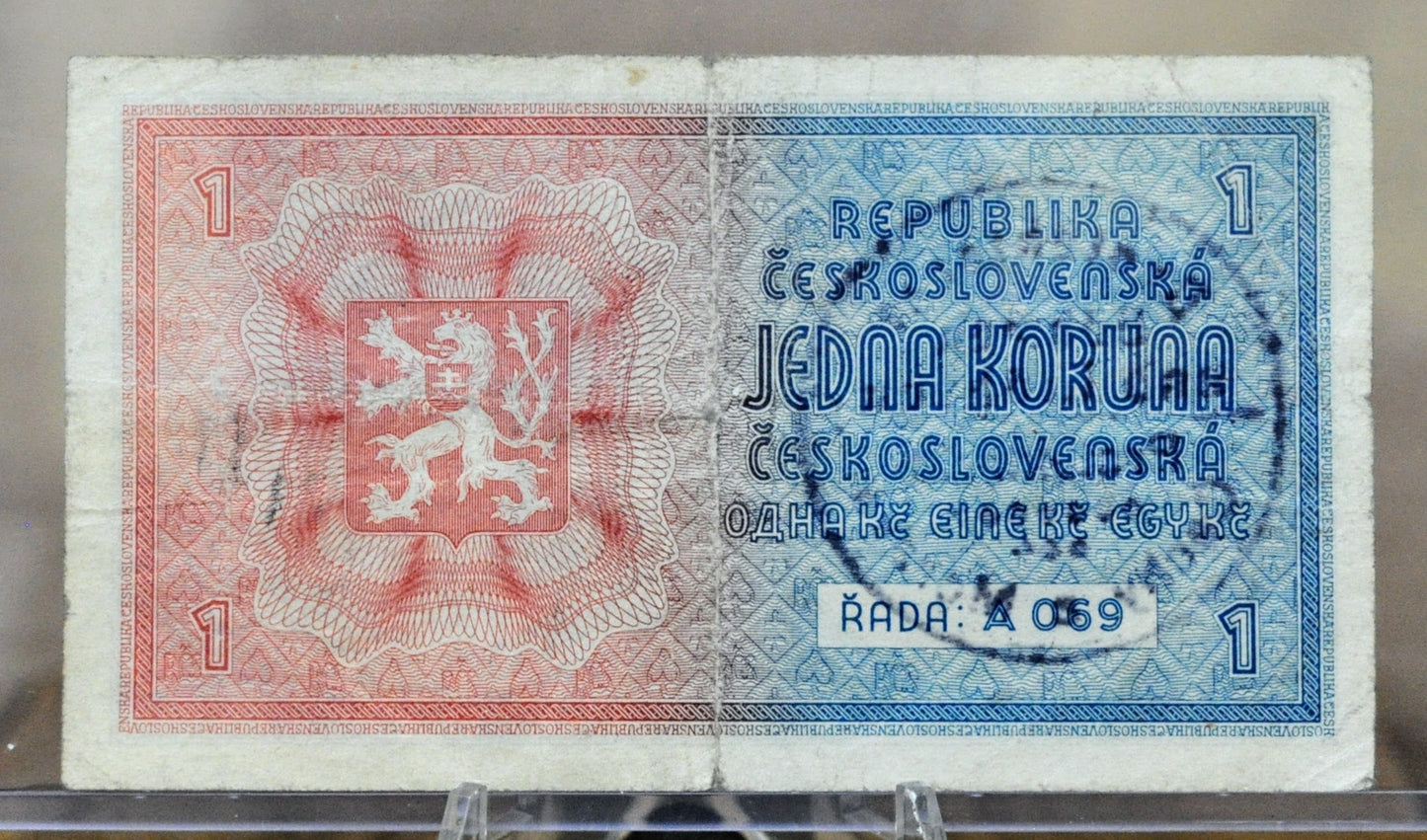 1938 Bohemia and Moravia Protectorate 1 Koruna Note - Czechoslovakia Republic - Handstamped - 1938 Bohemian Moravian One Koruna Note - P#1a