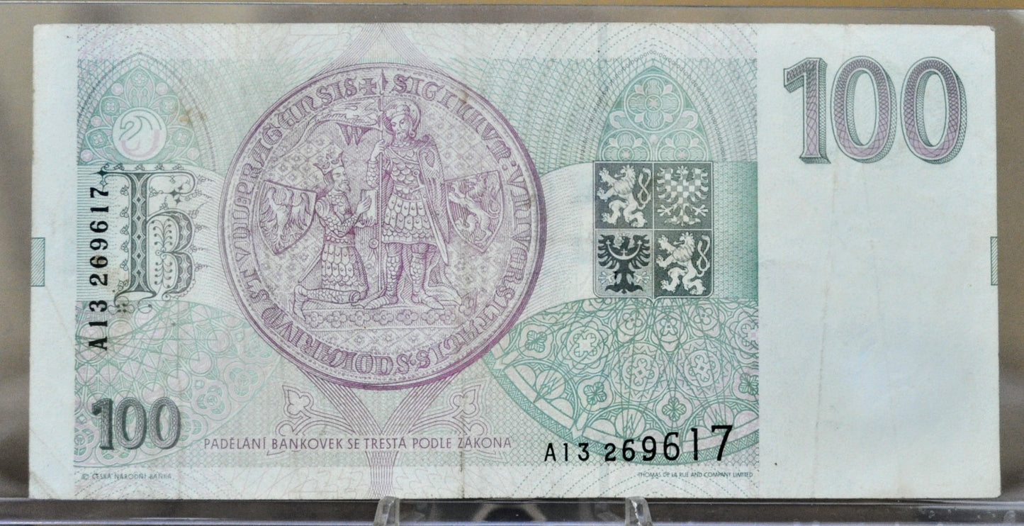 1993 Czech Republic 100 Korun Banknote - Prefix A, First Issue - King Karl IV Note - 1993 Czech One Hundred Korun Note - P#5a